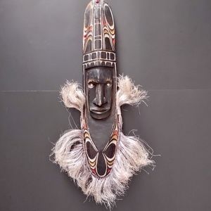 Large African Wooden Handmade Mask Vegetable fibers Shells Mineral pigments 25"